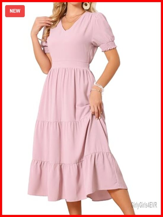 Dresses & Skirts - Women's V-Neck Smocked Short Sleeve Tiered Midi Dress with Pockets